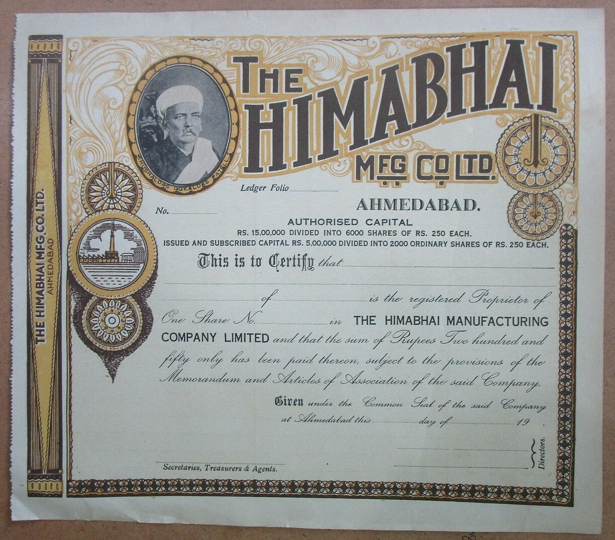India THE HIMABHAI MFG CO LTD. 1900s share certificate