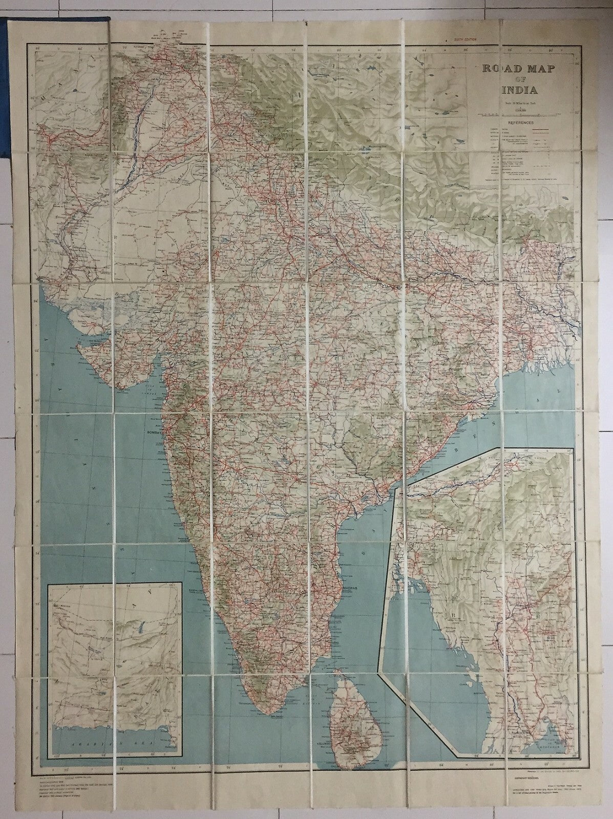 1945 ROAD MAP OF INDIA cloth backed folding map 32x43 inches