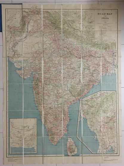 1945 ROAD MAP OF INDIA cloth backed folding map 32x43 inches