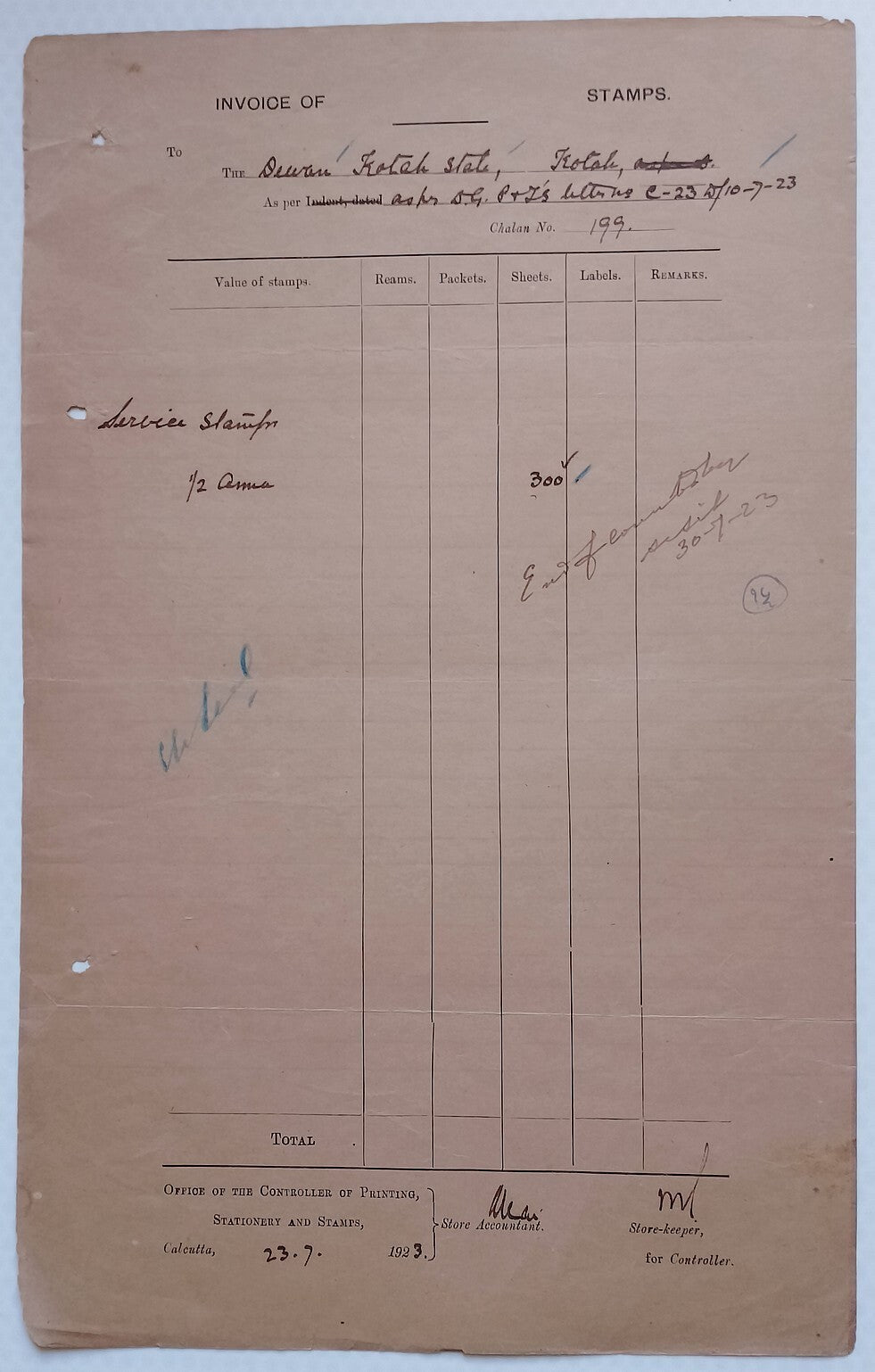 AOP India Official correspondence :Supply of Service stamps to KOTAH STATE 1925