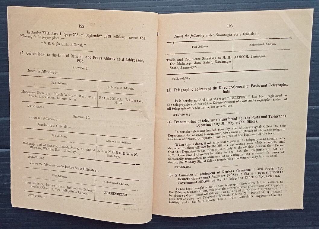 India 1939 POSTAL NOTICE Correction to Post and Telegraph Guide Sept 1939 #22