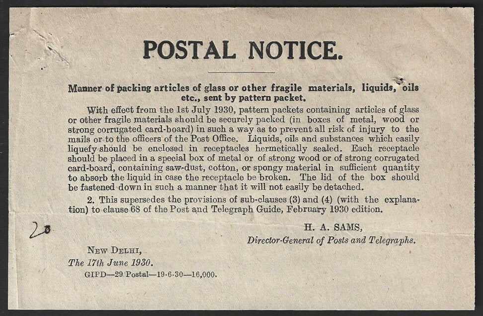 India POSTAL NOTICE 1930 Packing Articles of Glass or Other Fragile Materials