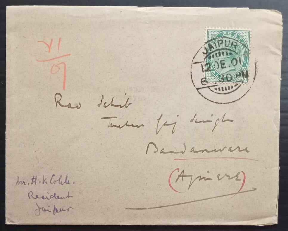 AOPIMT India QV Jaipur Residency cover 1901 with letter signed H V Cobbs