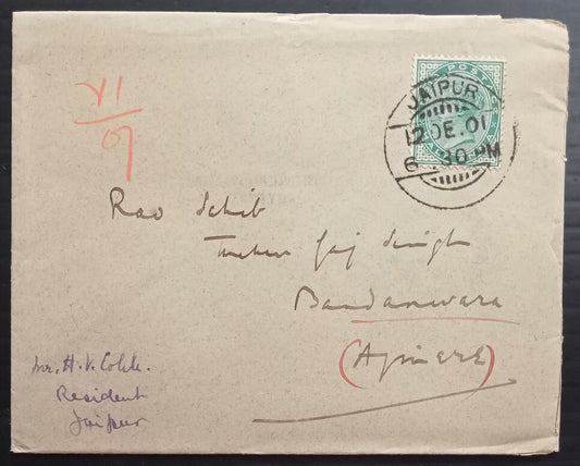 AOPIMT India QV Jaipur Residency cover 1901 with letter signed H V Cobbs