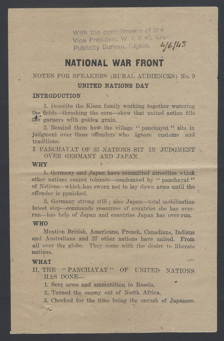 AOP India WW2 propaganda Notes for Speakers (Rural Audiences) # 9 leaflet