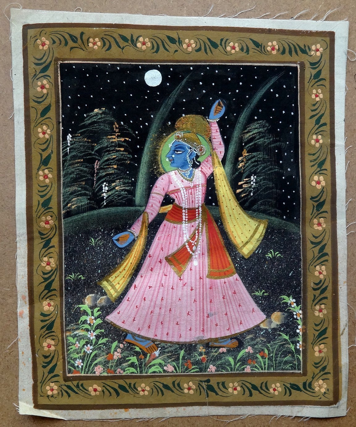 Krishna dancing handpainted on cloth 22x26cm India Hindu Art