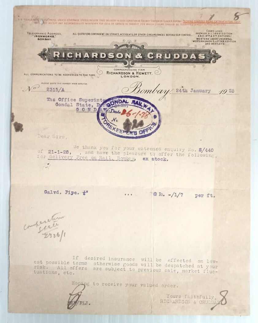 AOP Richardson & Cruddas Bombay 1928 illustrated letterhead India