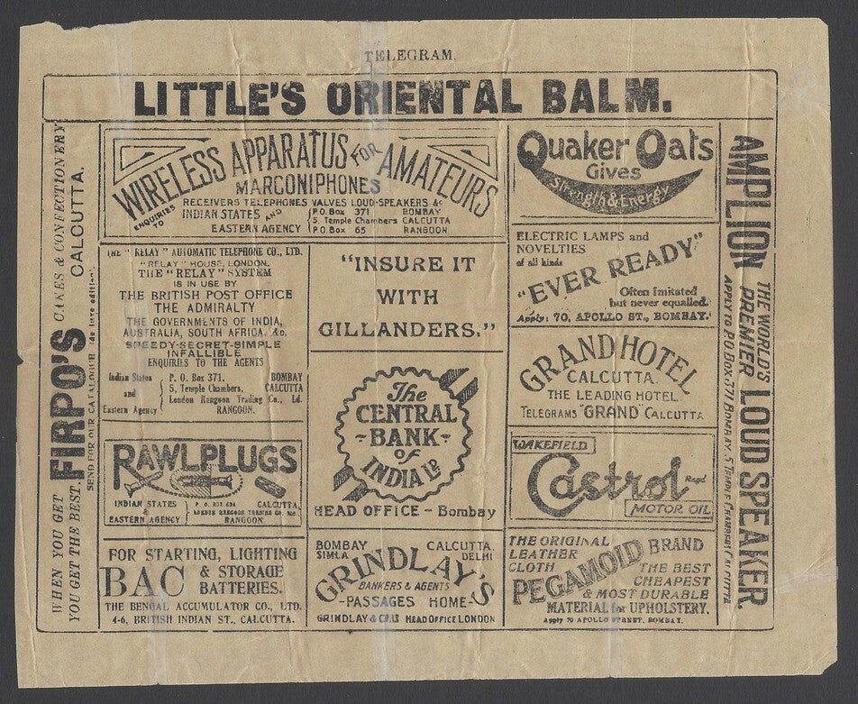  AOPIMT India 1924 full back advertisement telegram S.2 Singer, Tea, Hotel, etc.