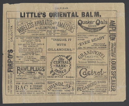  AOPIMT India 1924 full back advertisement telegram S.2 Singer, Tea, Hotel, etc.
