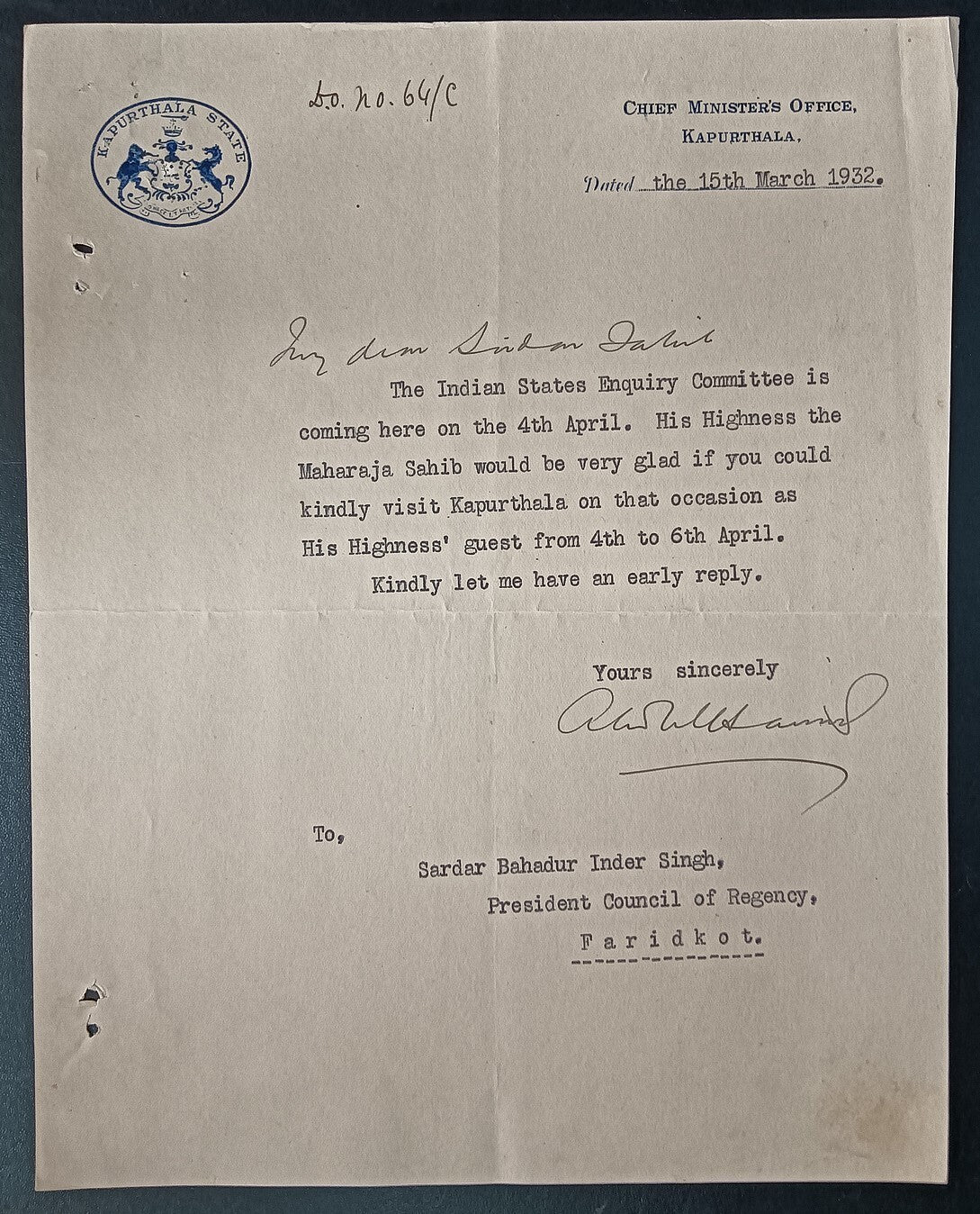India 1946 crested letter KAPURTHALA STATE Chief Minister's Office signed