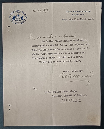 India 1946 crested letter KAPURTHALA STATE Chief Minister's Office signed