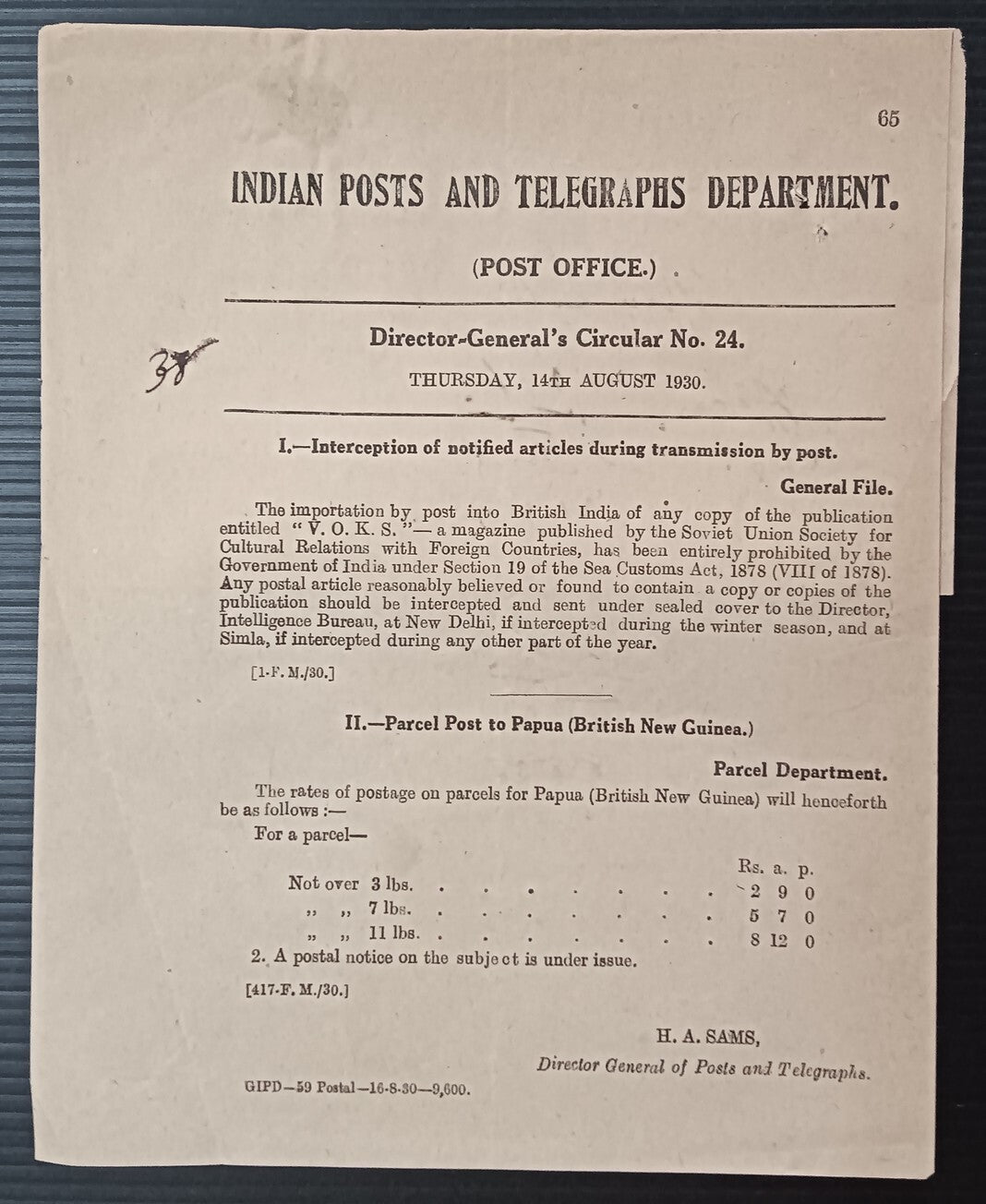 India POSTAL NOTICE 1930 Parcel Post to Papua (British New Guiana) + CIRCULAR
