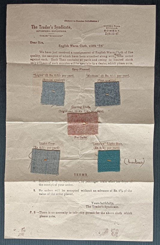 India 1947 textile advertisement with samples attached