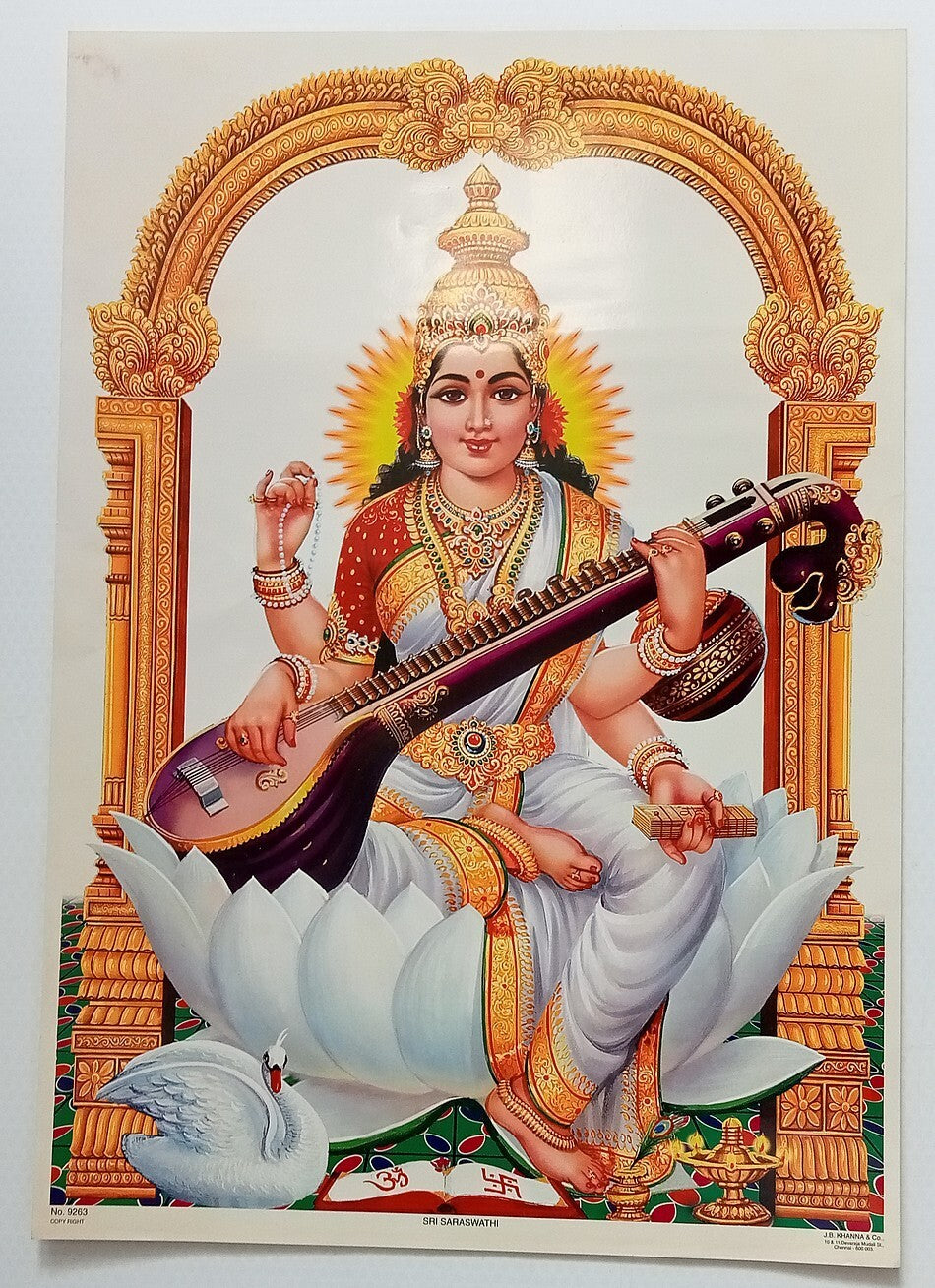 India vintage poster SRI SARASWATHI 14"x19" inches by J B Khanna R