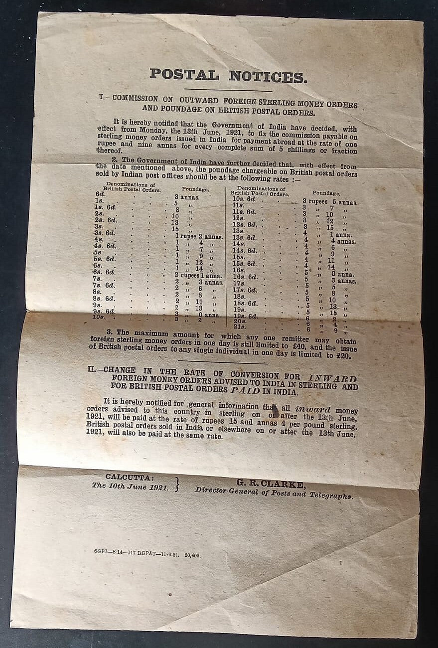 India POSTAL NOTICES 13th June 1921 Sterling & British Postal Orders