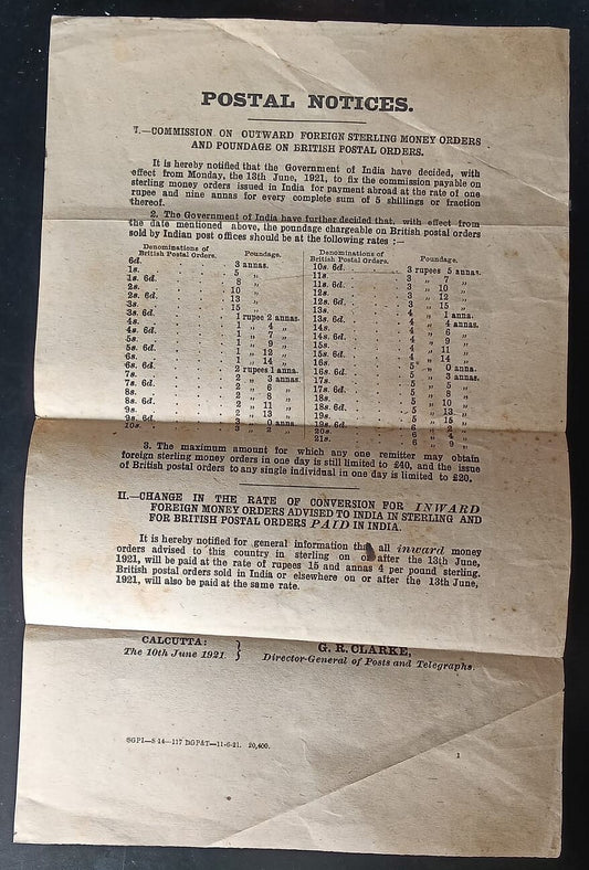 India POSTAL NOTICES 13th June 1921 Sterling & British Postal Orders