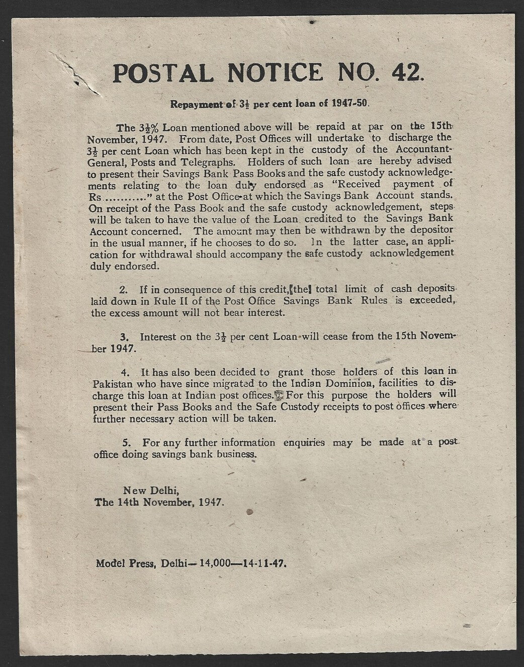 India POSTAL NOTICE No. 42 14th Nov. 1947 Repayment of 3 1/2 % loan + CIRCULAR