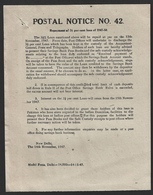 India POSTAL NOTICE No. 42 14th Nov. 1947 Repayment of 3 1/2 % loan + CIRCULAR