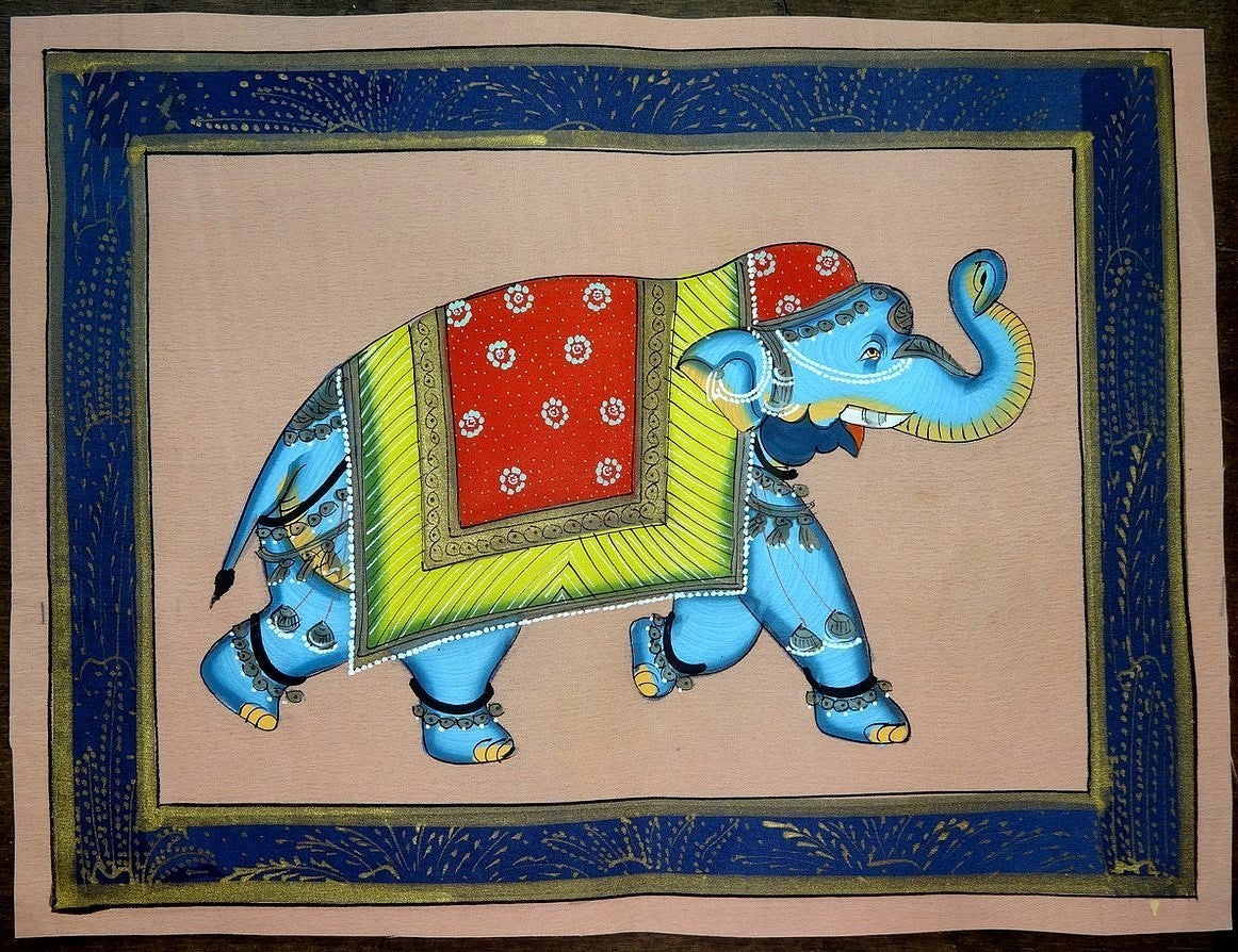 Watercolor on fabric ELEPHANTS x 5 paintings 10” x 13” India