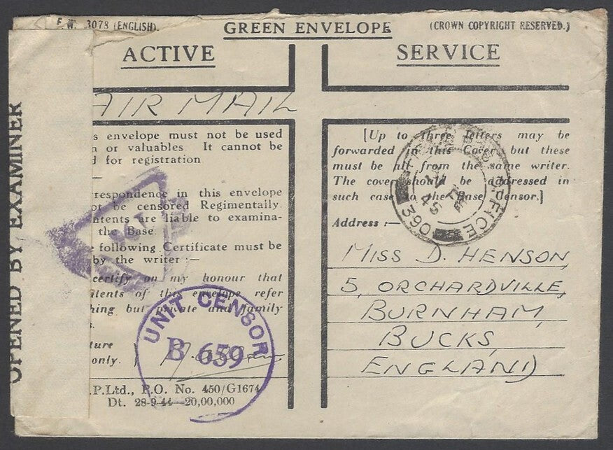AOP India WW2 1945 Green Envelope canc FPO 390 & 2 censors