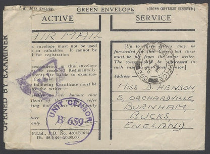 AOP India WW2 1945 Green Envelope canc FPO 390 & 2 censors