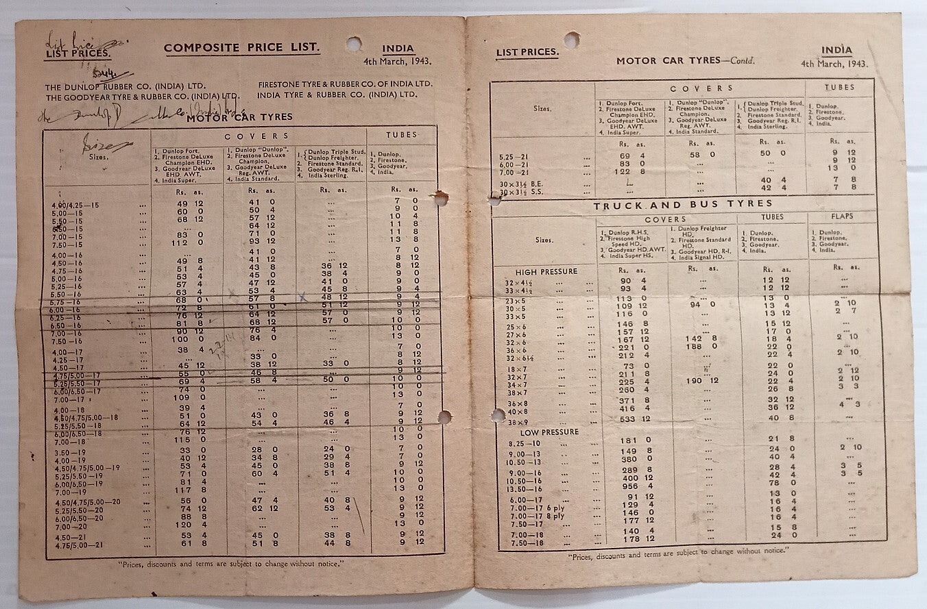 AOP India 1943 DUNLOP TYRES 1943 price list