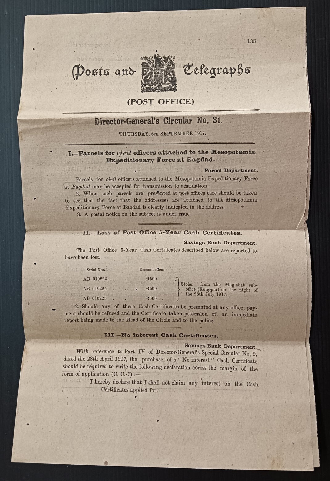 India POSTAL CIRCULAR 1917 Multiple topics