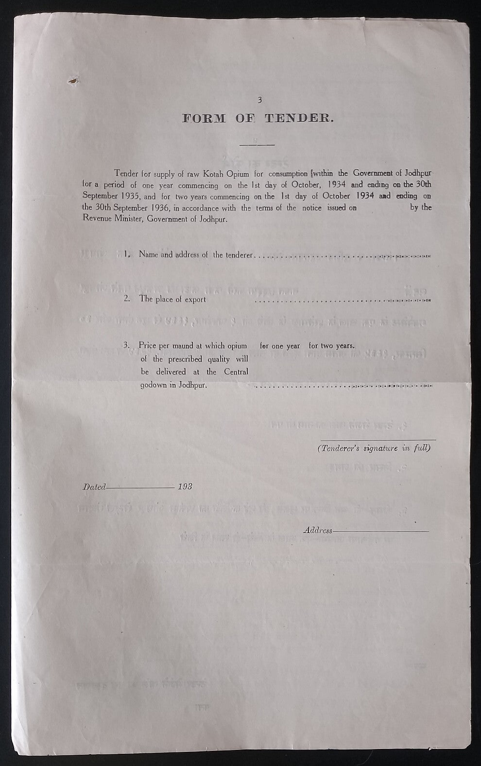 AOP India Kotah State 1934 OPIUM TENDER DOCUMENT