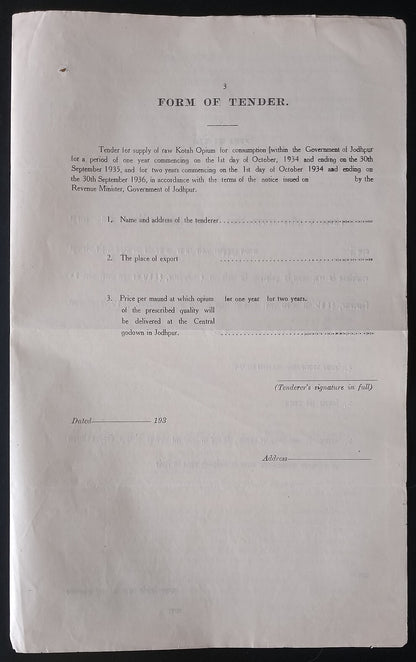 AOP India Kotah State 1934 OPIUM TENDER DOCUMENT