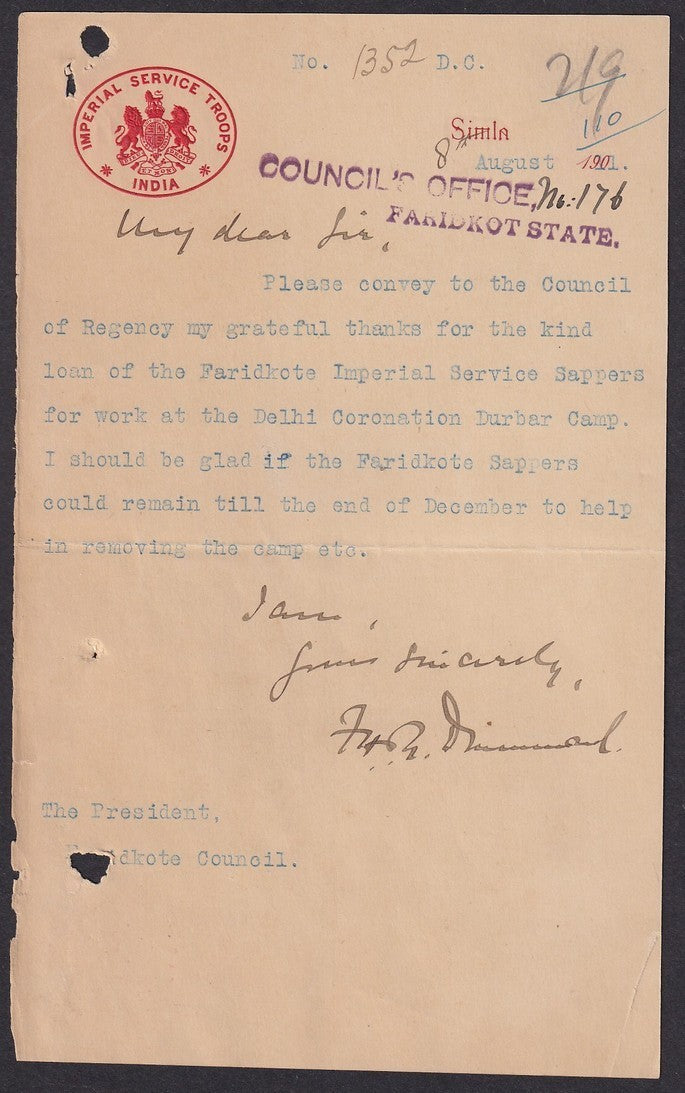 India crested letter about loan of troops for the 1911 CORONATION DURBAR