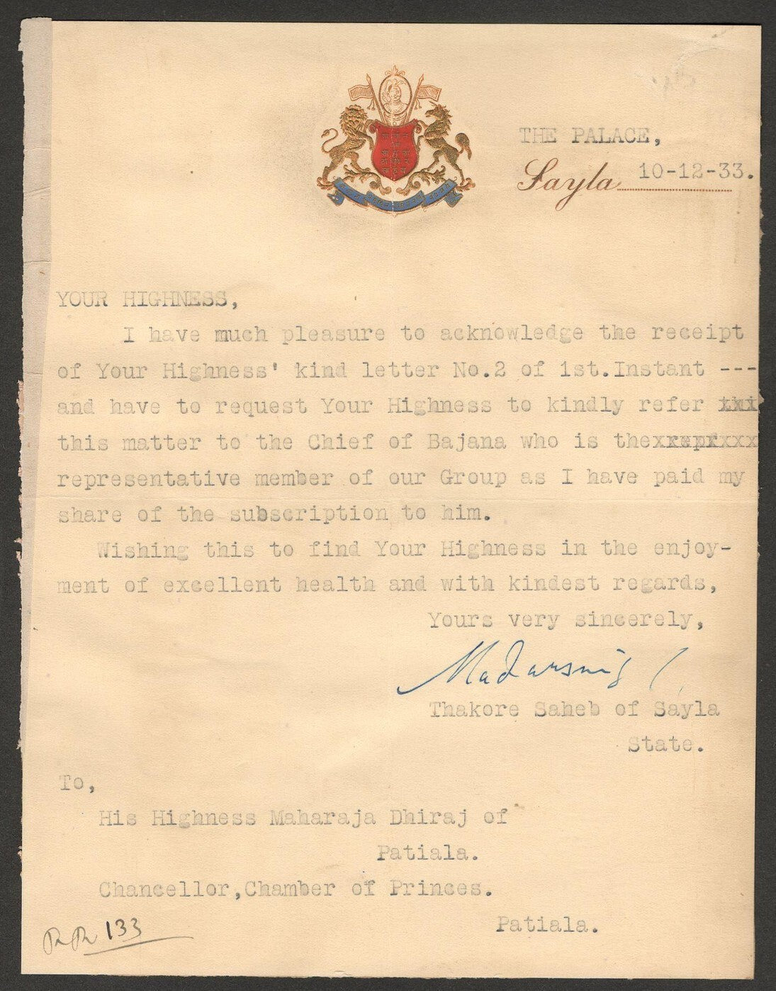 (AOP) India 1933 crested letter signed The Ruler of SAYLA STATE Madarsinghji