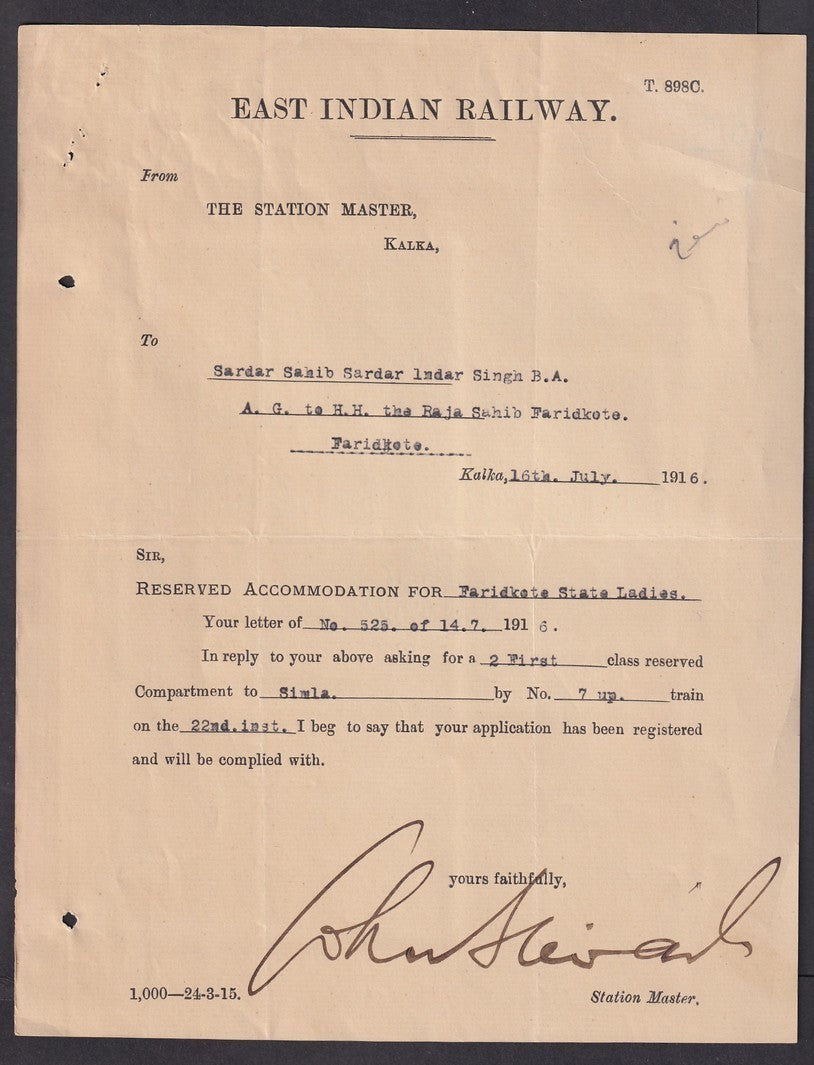 East Indian Railway, Kalka 1916 Resevation form for reserved Compartments