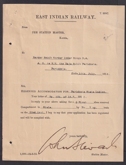 East Indian Railway, Kalka 1916 Resevation form for reserved Compartments