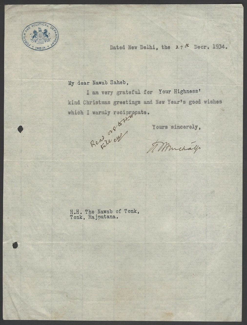 India Crested Letter FOREIGN POLITICAL DEPARTMENT INDIA used 1934 Nawab of Tonk