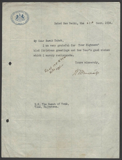 India Crested Letter FOREIGN POLITICAL DEPARTMENT INDIA used 1934 Nawab of Tonk