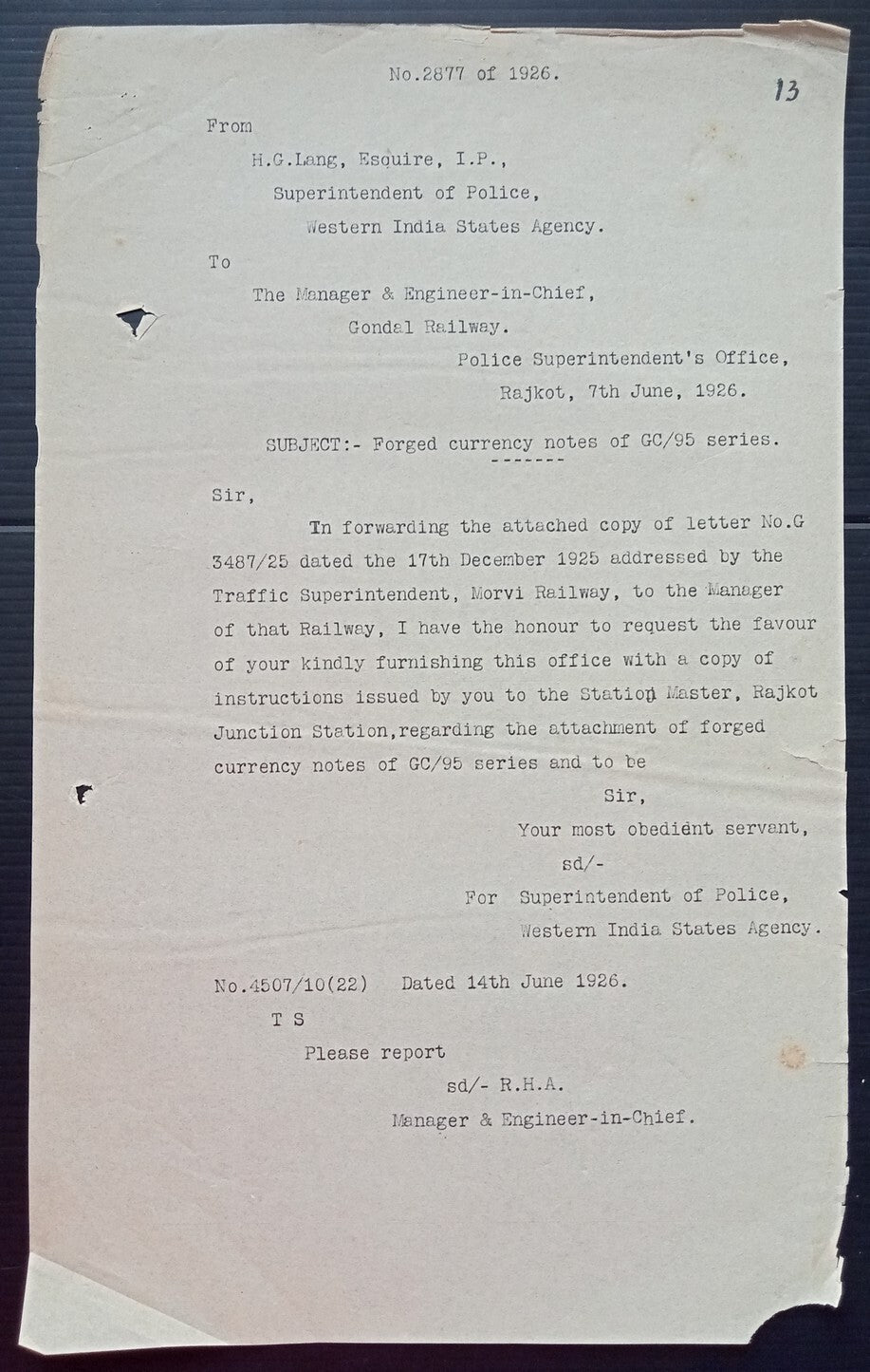 (AOP) India 1926 Official correspondence about FORGED CURRENCY