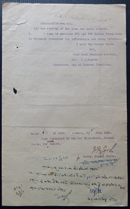 India 1928 official Correspondence re: raising the age of sexual consent to 14