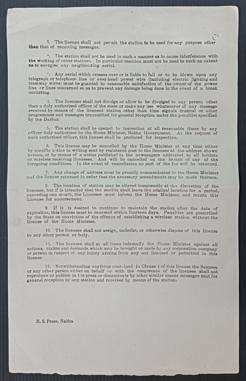 India 1947 BROASCAST RECEIVER LICENCE