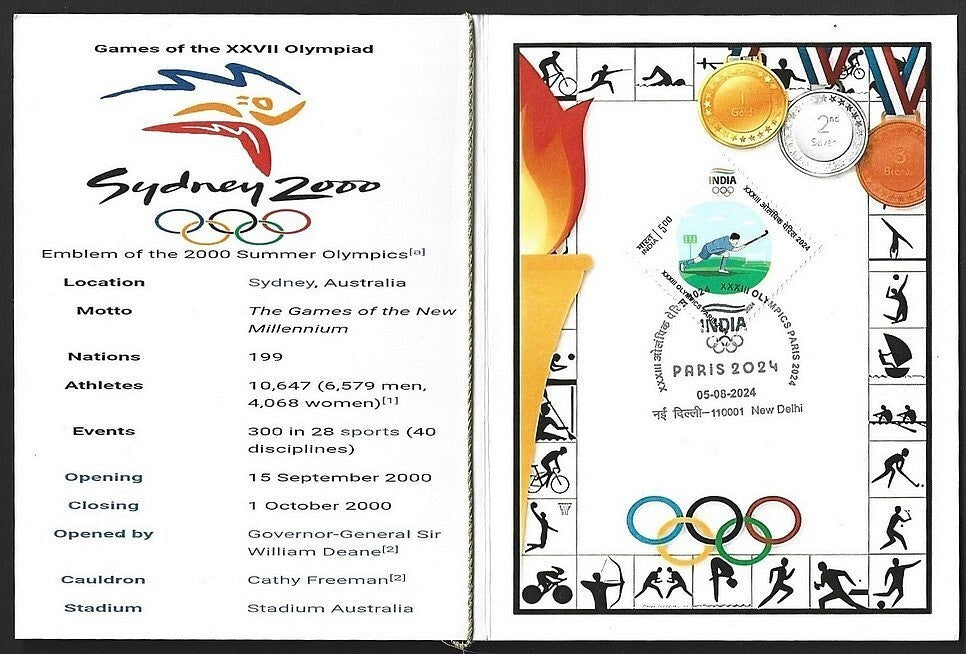 India 2024 Paris Olympics souvenir with 2000 Sydney, Australia Olympics cachet