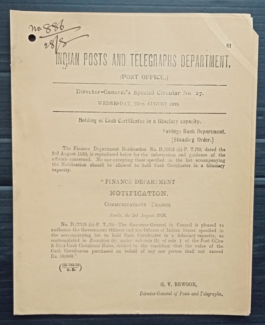 India 1939 POSTAL NOTICE Cash Certificates
