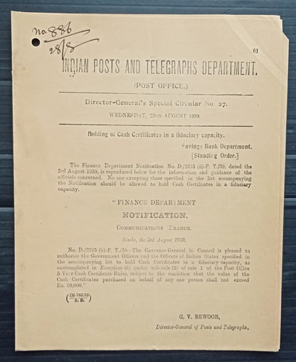 India 1939 POSTAL NOTICE Cash Certificates