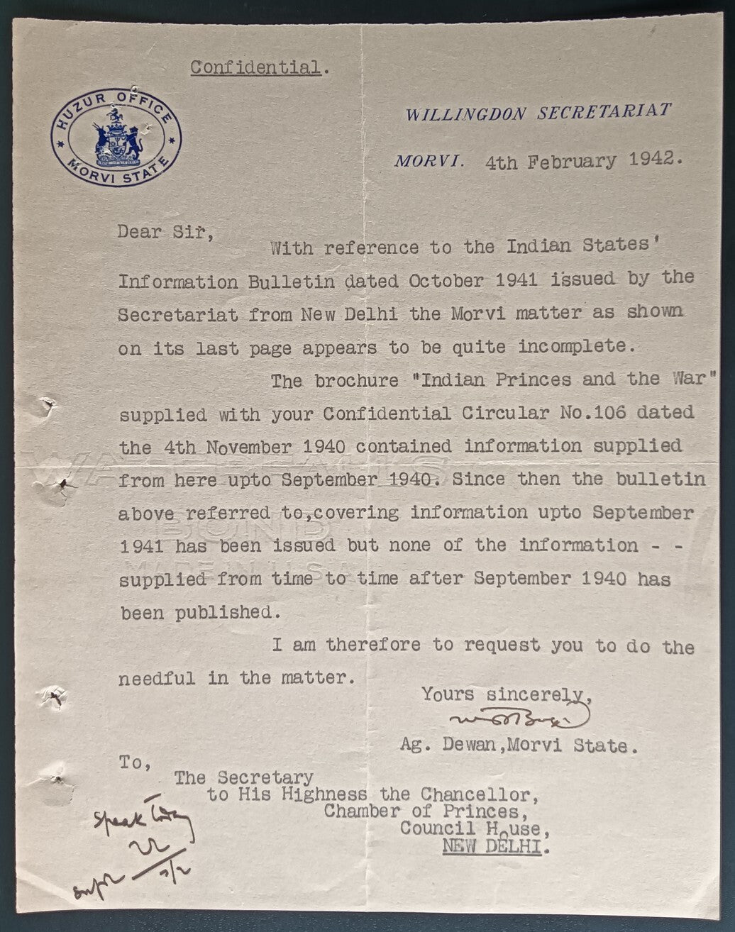 India 1940 crested letter HUZUR OFFIICE / MORVI STATE signed by the Diwan