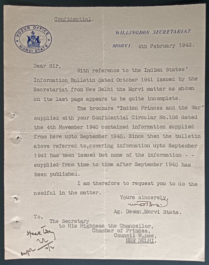 India 1940 crested letter HUZUR OFFIICE / MORVI STATE signed by the Diwan