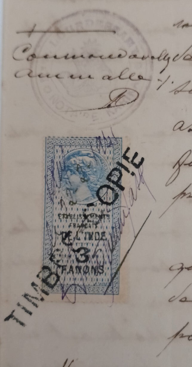 AOP French India 1909 3fa revenue stamp on 1941 8 page KARIKAL document