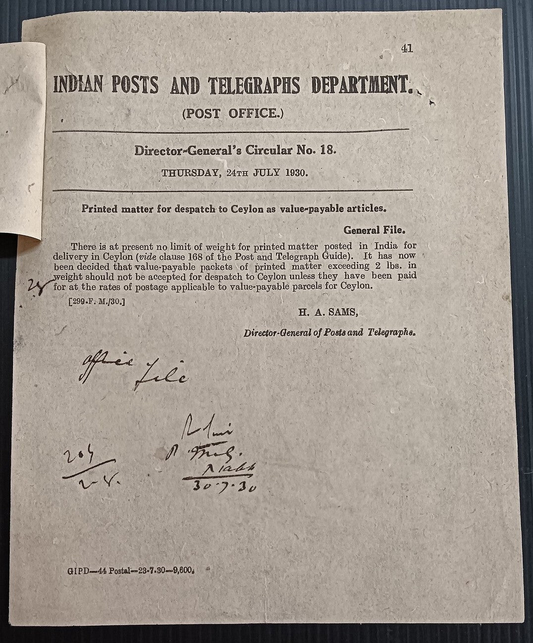 India POSTAL NOTICE 1930 Value-Payable Articles to Ceylon + CIRCULAR NO. 18