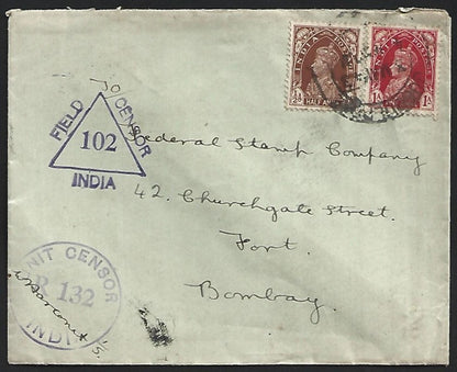 India WW2 1943 Military cover UNIT CENSOR R 132 & FIELD CENSOR INDIA 102