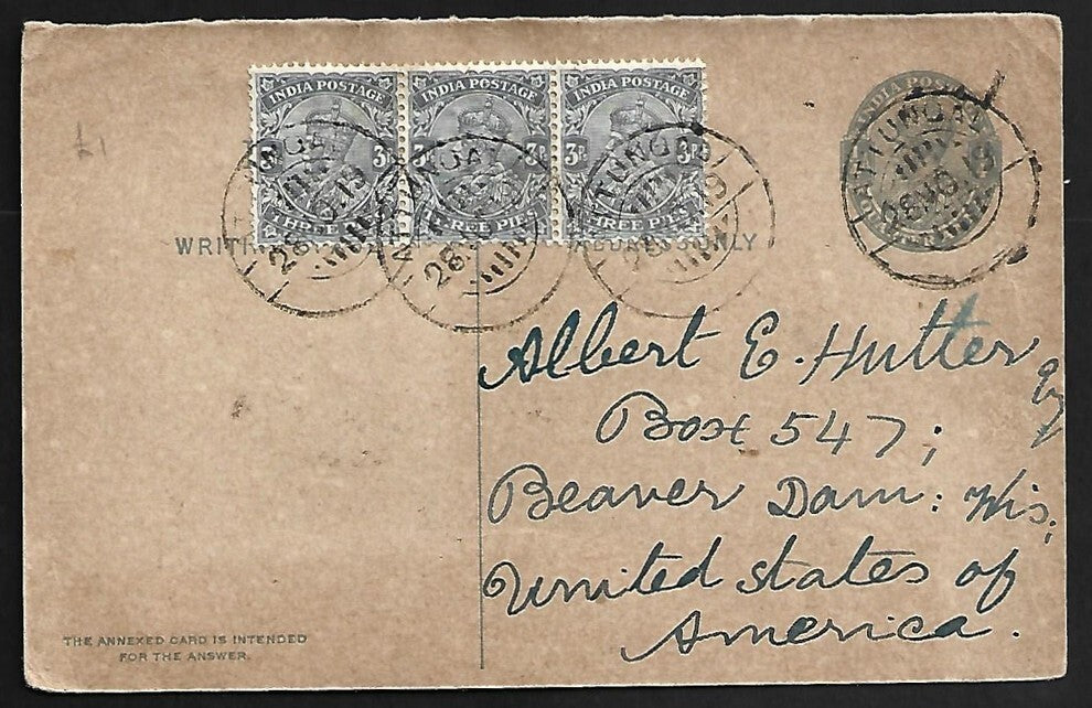 AOP India neat KGV 3p postal card uprated 3p x 3 used 1919 Attungal to USA
