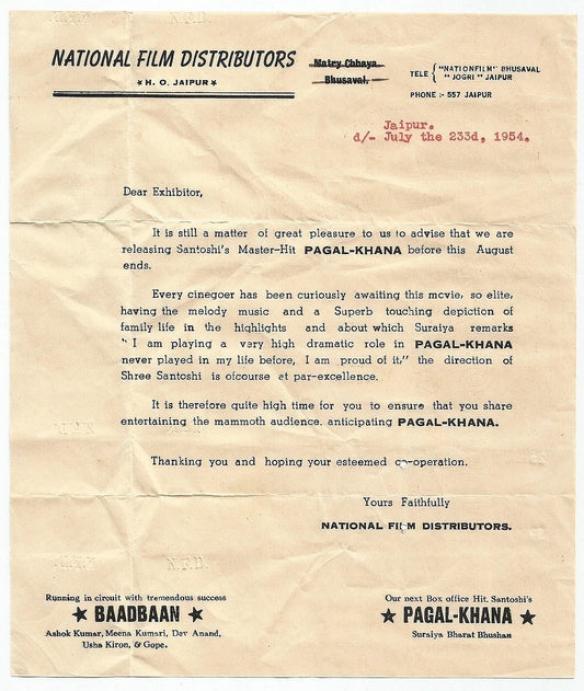 India Bollywood 1954 letter about the coming release of PAGAL KHANA