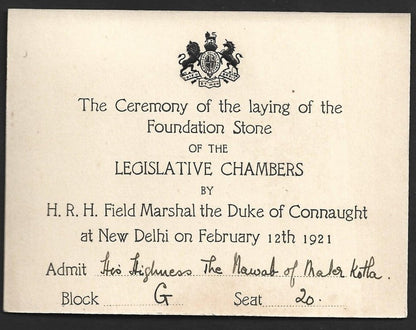 1921 Duke of Connaught INDIA VISIT Inaug of Legislative Assembly pass for Nawab