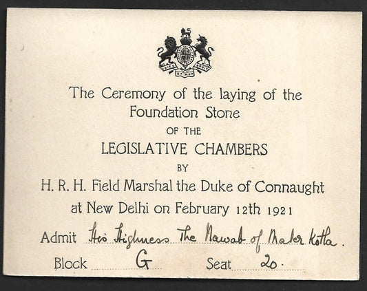 1921 Duke of Connaught INDIA VISIT Inaug of Legislative Assembly pass for Nawab
